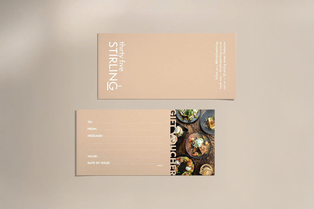 Printed Thirty Five Stirling café gift vouchers with custom message fields and food imagery, perfect for gifting brunch experiences in Adelaide.
