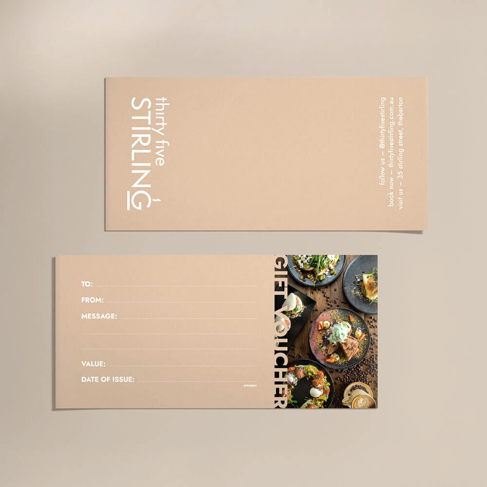 Printed Thirty Five Stirling café gift vouchers with custom message fields and food imagery, perfect for gifting brunch experiences in Adelaide.