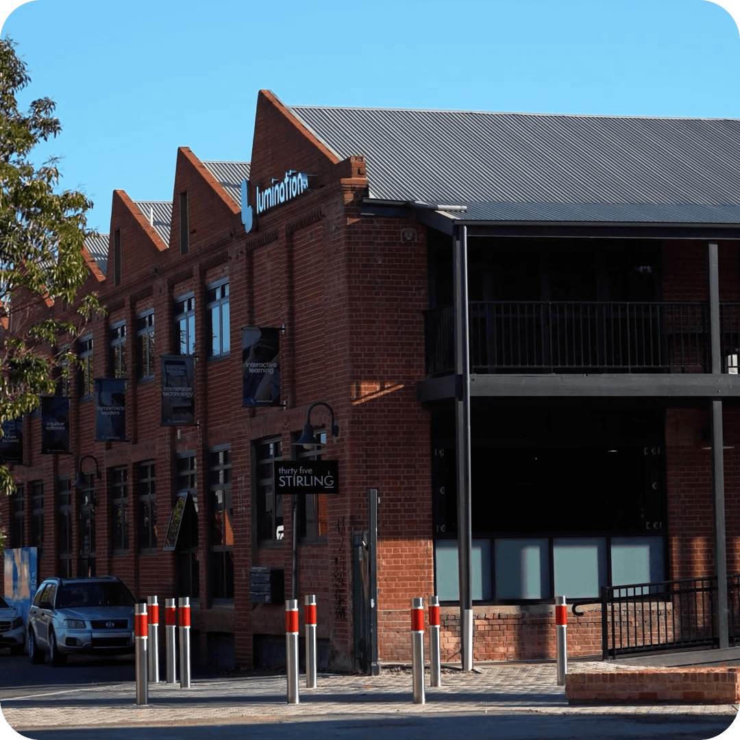 Exterior of Thirty Five Stirling café located in a restored red-brick heritage building in Thebarton, Adelaide.